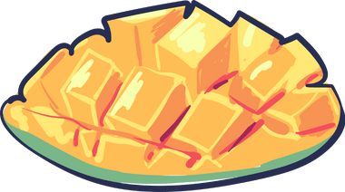 A drawn image of a mango fruit cut open to display a juicy inside