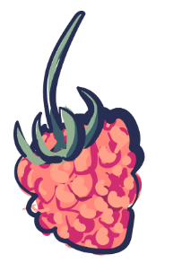 A drawn image of a raspberry standing upright with a stem